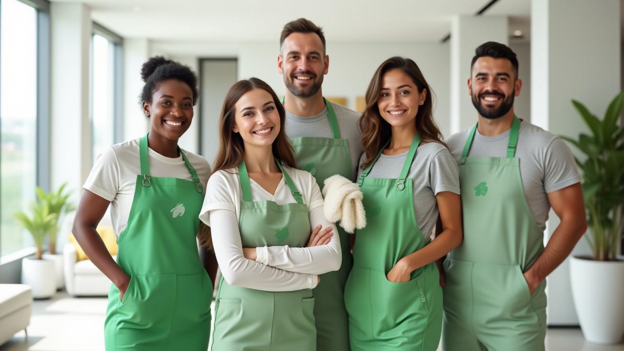 A diverse team of Eco Impress Cleaning Solutions professionals smiling confidently, wearing branded uniforms in a bright, clean modern office space, conveying trustworthiness and commitment.