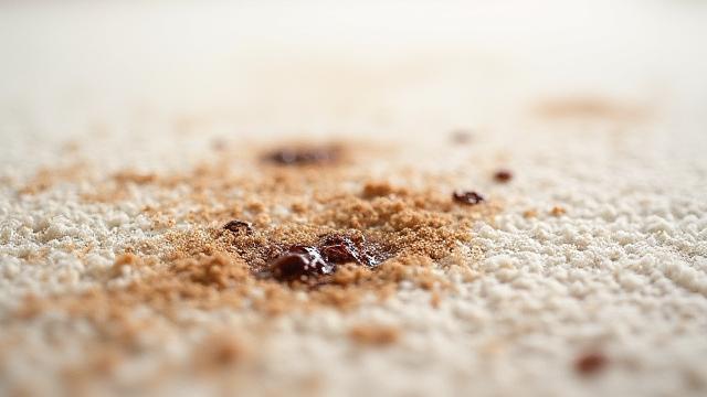 Dirtied, stained carpet with visible spills and embedded grime (Before).