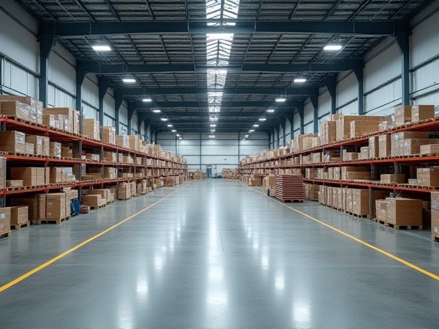 Organized and clean warehouse interior with high ceilings