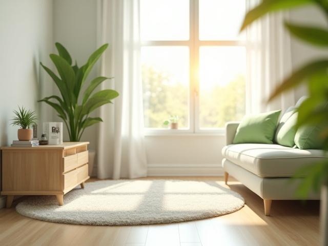 Spotlessly clean, modern living room after eco-friendly cleaning, bright and inviting